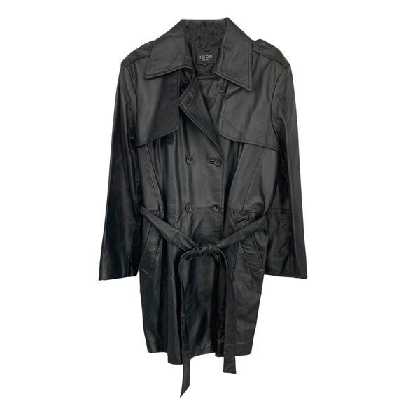 Izod Black Leather Short Trenchcoat Plus Sz 2X Belted Double Breasted Pockets - Picture 2 of 8